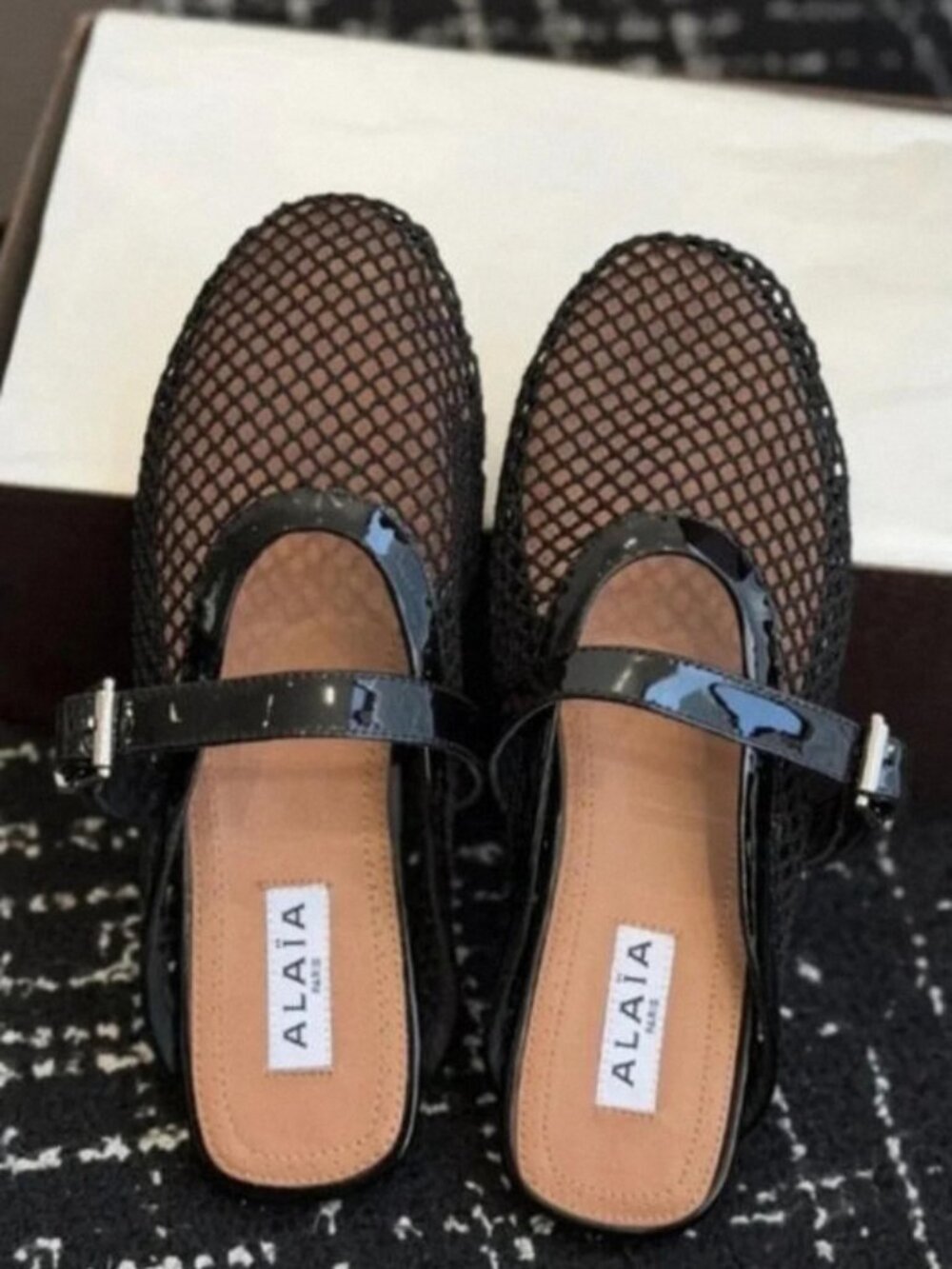 Alaïa Patent‑Trimmed Fishnet Mules – Black, Flat Sole, Complete with Original Bo